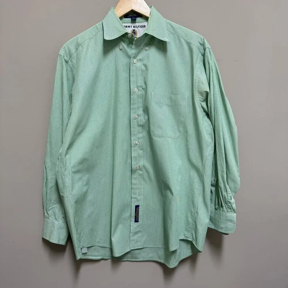 Tommy Hilfiger Green Striped Long Sleeve Button Up
Shirt Size 15 - Picture 2 of 6